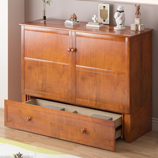 PUREMIND Murphy Bed with Mattress Included, Queen Murphy Bed Cabinet with Storage Drawer and Bedside Panel, Built-in Charging Station, Solid Wood Space-Saving Wallbed Hideaway Beds for Guest Room