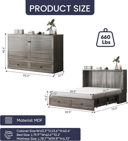 ijuicy Queen Cube Murphy Bed, Charge & Storage, No Mattress，Grey | Space-saving hideaway foldable design, practical temporary sleeping bed for guest room & small space use