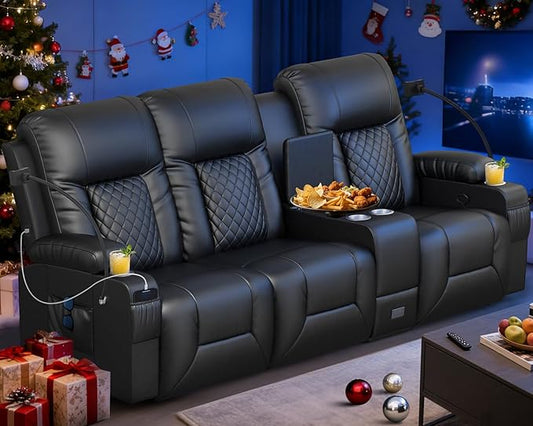 Recliner Sofa, Home Theater Seating with Center Console, 3 Seat Reclining Couch with USB Ports & Phone Holders, Wall Hugger RV Sofa Furniture Loveseat Recliner Couch with Storage & Pocket