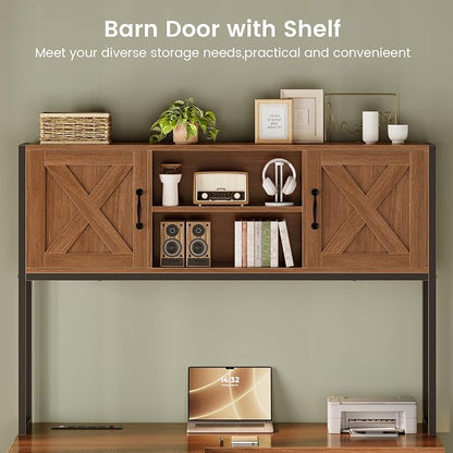 SEDETA Farmhouse L Shaped Desk with Hutch, Reversible 86.6" Home Office Two Person Desk with Drawers and LED Light, Corner Gaming Desk with Power Outlet and Storage Shelves, Brown