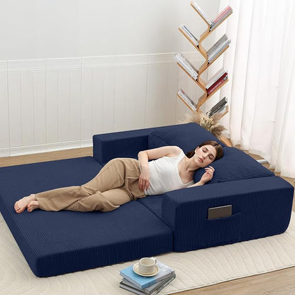 COMAX Futon Sofa Bed, Convertible Sofa Bed, Folding Boneless Couches | Boneless Couch for living room, 4‑in‑1 Fold Out Small Foldable Loveseat Floor Sleeper Mattress Lounge Space‑Saving, Navy