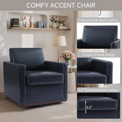 360° Swivel Accent Chair, 31" Wide Faux Leather Upholstered Club Armchairs for Living Room, Comfy Square Swivel Barrel Chair with Metal Base, Navy