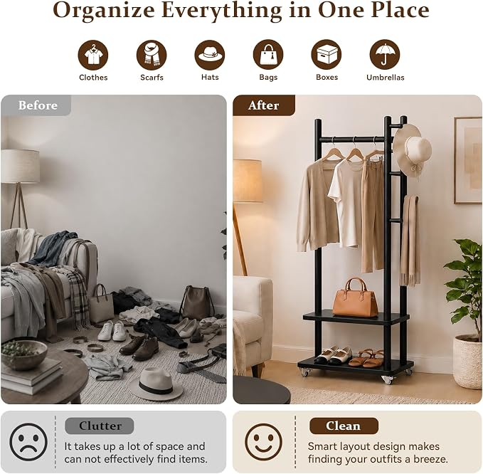 Taitiy Solid Wood Coat Rack Freestanding, Coat Rack Stand with 2 Shelves & 4 Hooks, Coat Tree for Entryway, Hallway, Bedroom, Living Room, Office - Clothing Rack for Coats, Hats, Bags (Black-S-Wheel)