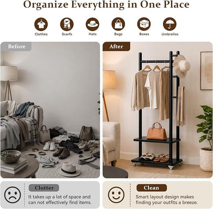 Taitiy Solid Wood Coat Rack Freestanding, Coat Rack Stand with 2 Shelves & 4 Hooks, Coat Tree for Entryway, Hallway, Bedroom, Living Room, Office - Clothing Rack for Coats, Hats, Bags (Black-S-Wheel)