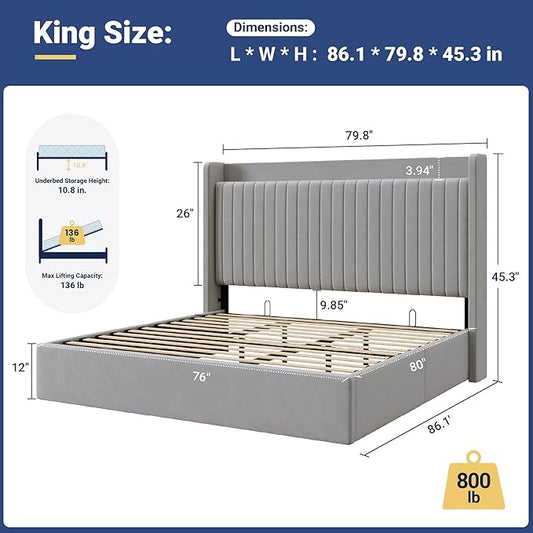 Allewie King Size Lift Up Storage Bed Frame,Storage Shelf Headboard with Charging Station,Type-C and USB Ports,Hydraulic Support,Velvet Upholstered Bed Frame,No Box Spring Needed,Grey