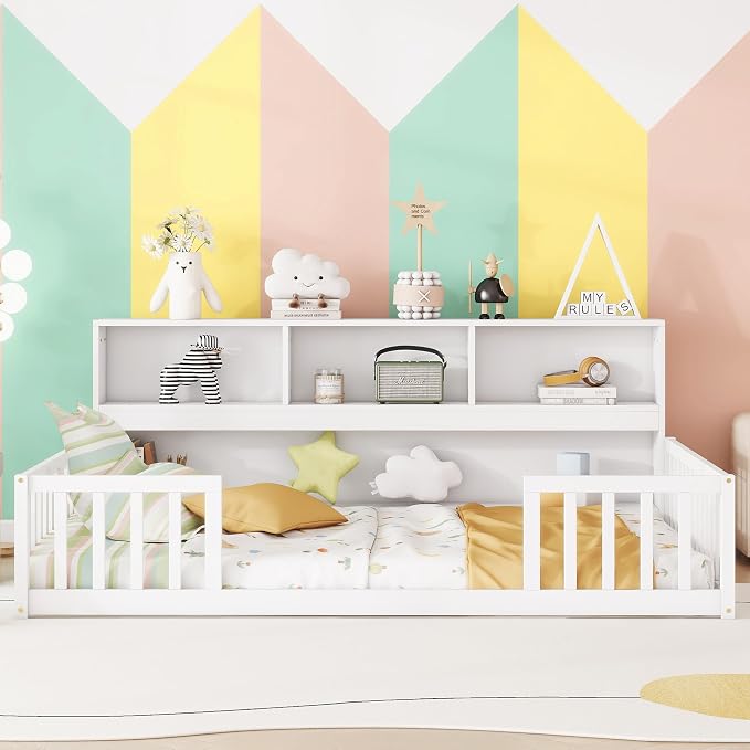 Bellemave Kids Montessori Floor Bed,Full Size Floor Bed with Bookcase and Shelves,Full Bed Frame with Guardrails for Kids,Girls,Boys,Full,White