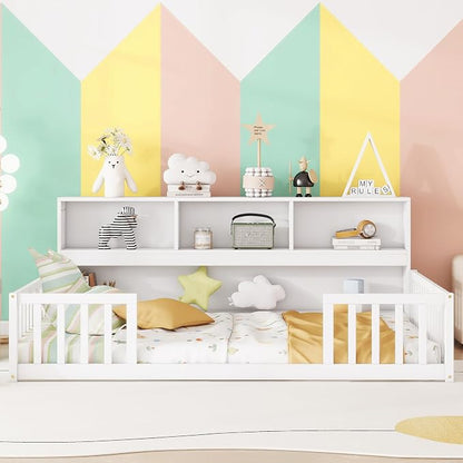 Bellemave Kids Montessori Floor Bed,Full Size Floor Bed with Bookcase and Shelves,Full Bed Frame with Guardrails for Kids,Girls,Boys,Full,White
