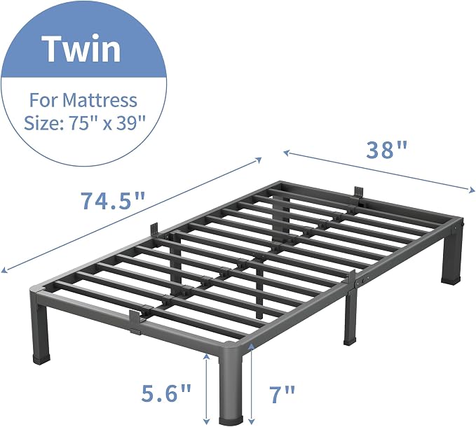 VIPSHOW 7 Inch Twin Size Bed Frame, 3500Lbs Heavy Duty Metal Platform with Round Corner Legs Mattress Slide Stopper, Steel Slat Support No Box Spring Needed, Noise Free, Non-Slip, Easy Assembly