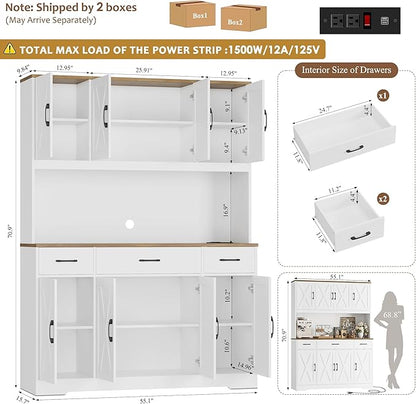 HOSTACK 71" Large Pantry Cabinet with Charging Station, 55" Wide Kitchen Pantry Storage with Drawers and Power Outlet, Tall Kitchen Hutch with Countertop for Kitchen, White