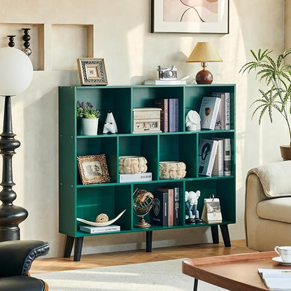 LEYAOYAO 10 Cube Bookshelf,3 Tier Modern Wide Bookcase with Legs,Mid-Century Wood Bookshelves Storage,Dark Green Large Book Case,Freestanding Organizer Display Shelf for Bedroom,Living Room,Office