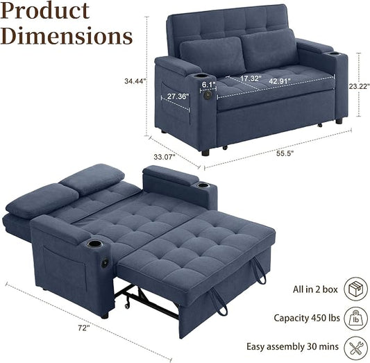 Korser 55.5'' 3-in-1 Convertible Sofa Bed, Pull Out Couch with 5-Position Adjustable Backrest, Loveseat Sleeper Sofa for Small Spaces, Sofa Couch with Cup Holders for Living Room, Office, Chenille