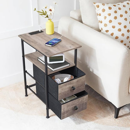 HOOBRO End Table with Charging Station, Narrow Side Table, Nightstand with 2 Non-Woven Drawers, Slim Sofa Side Table, for Small Spaces, Living Room, Bedroom, Greige and Black BG486UBZ01