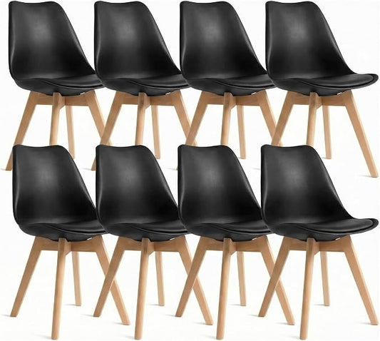 Dining Chairs Set of 8, Modern Upholstered Dining Room Chairs with PU Leather Padded Seat, Armless Kitchen Chairs with Curved Backrest and Solid Wood Legs for Dining Room, Kitchen, Apartment, Black