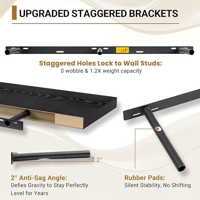 Vivelove Black Floating Shelves for Wall 55 Inches Wide, 12" Deep Wall Shelves for Bedroom, Bathroom, Living Room, Kitchen, Office, Home Decor Shelf with Invisible Brackets, 55" X 12" X 1.5", Set of 2