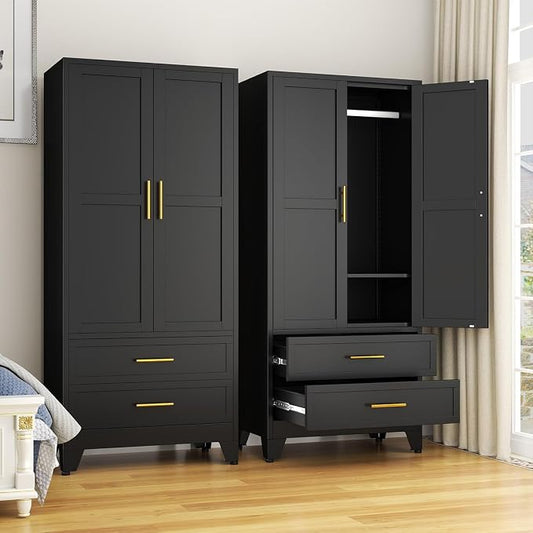 GAIOUS 71" Metal Wardrobe Cabinet with 2 Drawers and Hanging Rod Black | Clothing Storage Cabinets with 2 Doors and Adjustable Shelves, Armoire Wardrobe Closet for Bedroom, Laundry Cloak Room
