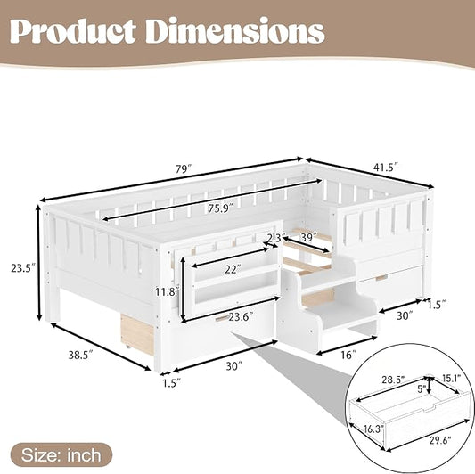 Bellemave Twin Montessori Bed with Stairs, Rails and Slats, Twin Size Montessori Floor Bed with Bookshelf and 2 Storage Drawers, Easy Assemble Beds Frame for Girls, Boys, White