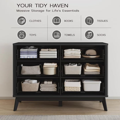 SUNWAVE 6 Drawer Dresser for Bedroom, 49.6" Wide Modern Fluted Dresser with Round Corner, Wood Chest of Drawers for Living Room (Black)