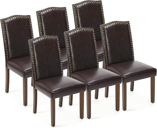 DUMOS Dining Chairs Set of 6, PU Leather Upholstered Kitchen Chairs with Wooden Legs and Padded Seat, Modern Accent Chair for Dining Room, Kitchen, Living Room, Restaurant, Brown
