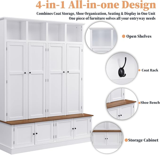 Hall Tree with Bench and Shoe Storage,Shoe and Coat Rack with Drawer and Hooks,Farmhouse Furniture for Entryway,Mudroom,Living Room,Black (White, 59" W)