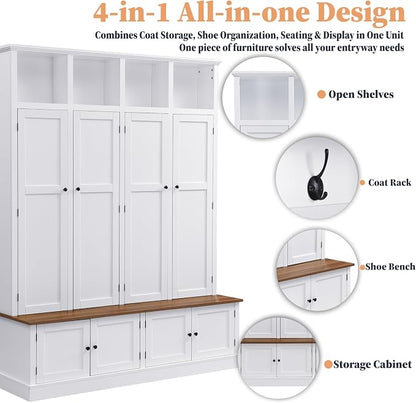 Hall Tree with Bench and Shoe Storage,Shoe and Coat Rack with Drawer and Hooks,Farmhouse Furniture for Entryway,Mudroom,Living Room,Black (White, 59" W)