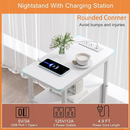 sthmec Narrow End Table with Charging Station, Narrow Side Table with 2 Fabric Drawers, LED End Table, Slim Nightstand with LED Light, Small Side Table for Small Spaces, Living Room, Bedroom, White