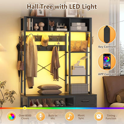 39.4'' Hall Tree with Bench and Shoe Storage, Entryway Bench with Coat Rack, 25-in-1 Tall Hall Tree with Led Lights (Black)