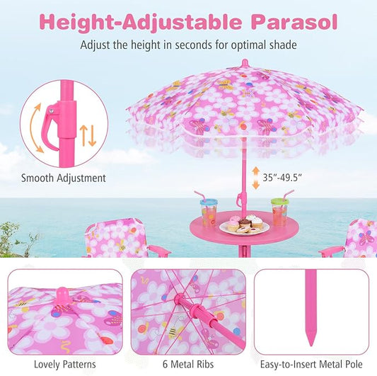 Costzon Kids Picnic Table, Kids Outdoor Table with 2 Folding Chairs, Height Adjustable Umbrella, Portable Children Outdoor Furniture for Patio, Garden, Backyard (Pink Flowers)