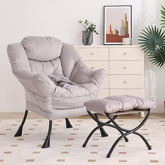 Furlide Lazy Chair with Ottoman, Modern Chair with Folding Footrest, Lounge Accent Chair, Comfortable Reading Chair, Oversized Armchairs for Bedroom, Study, Living Room, Courtyard (Light Grey)
