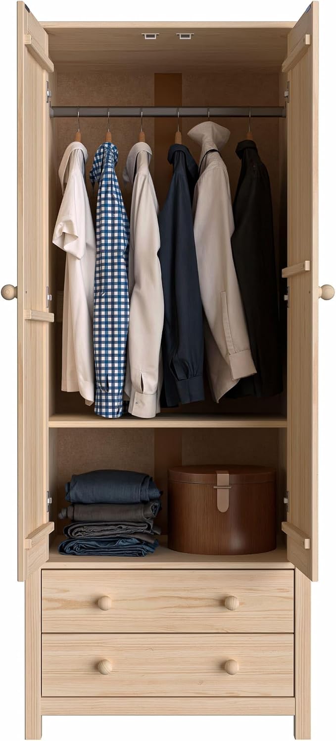 From the Tree Furniture Wardrobe – 2-Door Armoire with 2 Drawers, Unfinished Pine, 29.52″ W × 20.86″ D × 70.86″ H – Bedroom Closet with Hanging Rail & Metal Runners