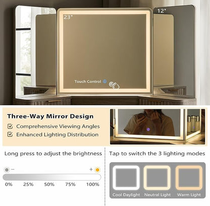 T4TREAM Fluted Makeup Vanity Desk with 3 Way Mirror and Lights, 48" Large Corner Vanity Table with Glass Top, Charging Station, 3 Drawers, Storage Cabinets & Shelves, for Bedroom, Grey Alder