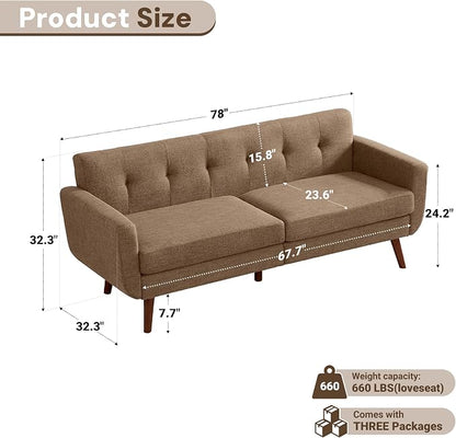 Tbfit 77.2" W Linen Sofa Couch, Mid Century Modern Decor Loveseat Couches for Living Room, Button Tufted Upholstered Small Couch for Bedroom, Solid, and Easy to Install Love Seats Furniture, Brown