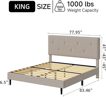 King Size Linen Bed Frame, Upholstered Platform Bed Frame with Adjustable Headboard, Wooden Slats Support, Easy Assembly, No Box Spring Needed, Beige