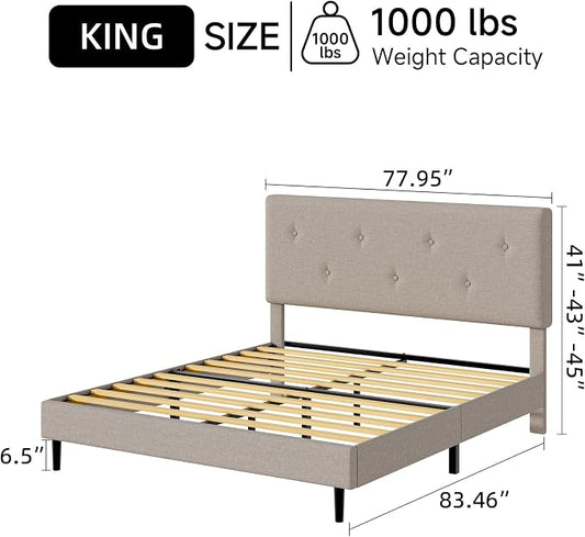 King Size Linen Bed Frame, Upholstered Platform Bed Frame with Adjustable Headboard, Wooden Slats Support, Easy Assembly, No Box Spring Needed, Beige
