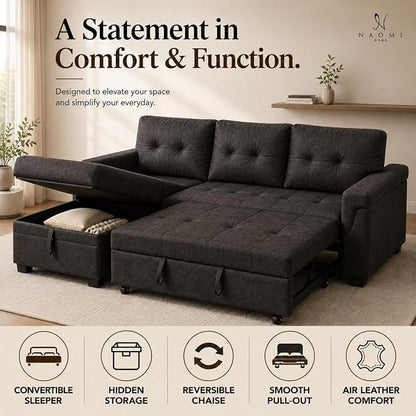 Naomi Home 84" L-Shaped Sectional Sleeper Sofa with Pull Out Bed | Sleeps guests comfortably, stores essentials in chaise & saves space, Velvet, Espresso convertible sofa bed