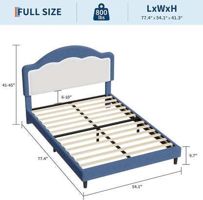 IDEALHOUSE Full Bed Frame with LED Headboard, Boucle Fabric Upholstered Platform Bed with LED Light for Kids, Girls, Wooden Slats Support, No Box Spring Needed, Blue
