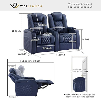 Weilianda Home Theater Seating Top Grain Leather Zero Gravity Recliner Chair Power Headrest Recline Movie Seat Gaming 7 Colors Mood Light Sofa with Tray Table USB Charge Row of 2 Blue