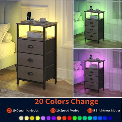 sthmec Nightstand with Charging Station,LED Nightstand with 3 Fabric Drawers, Bedside End Tables, 2-Tier Open Storage Shelf, Side Table Nightstand with Drawers for Bedroom,Grey