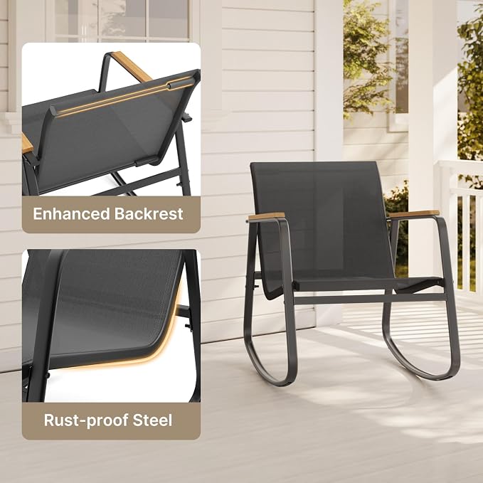 Aiho 3 Piece Rocking Bistro Set, Textilene Fabric Patio Furniture Set, Front Porch Rocker Chairs with Coffee Table for Lawn, Garden, Balcony, Poolside (Black)