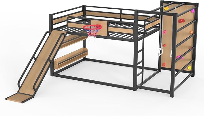 Harper & Bright Designs Full Size Metal Bunk Bed with Slide & Built-in Bookshelve & Basketball Hoop & Climbing Wall for Bedroom, Yellow+Black