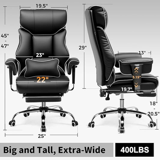 GTPLAYER Big and Tall Gaming Chair 400lbs Heavy Duty Office Chair with Foot Rest & Ergonomic Pocket Spring Cushion, High Back Lumbar Support for Lower Back Pain Relief, White/Black