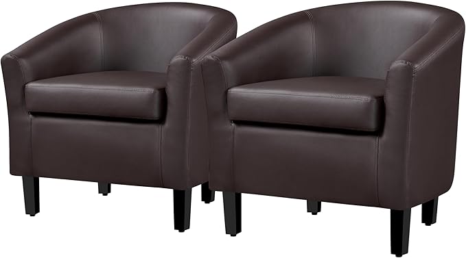 Topeakmart Accent Chair, Modern and Comfy Faux Leather Barrel Upholstered Club Chair with Wooden Legs for Living Room Bedroom, Set of 2, Espresso