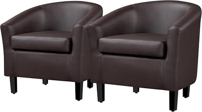 Topeakmart Accent Chair, Modern and Comfy Faux Leather Barrel Upholstered Club Chair with Wooden Legs for Living Room Bedroom, Set of 2, Espresso