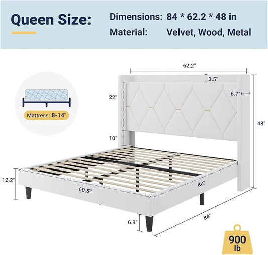Allewie Velvet Queen Upholstered Bed Frame with Wingback Storage Headboard & Charging Station, Platform Bed with Diamond Tufted Design & Gold Trim, No Box Spring Needed, Easy Assembly, White