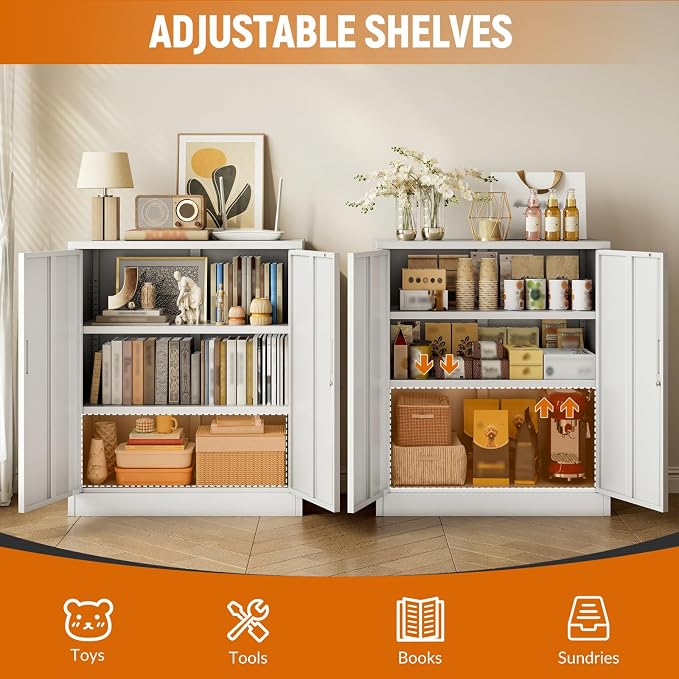 BESFUR Metal Garage Storage Cabinet with 2 Locking Doors and 2 Adjustable Shelves, 36" White Metal Short Storage Cabinet for Home Office, Garage,School,Utility Room