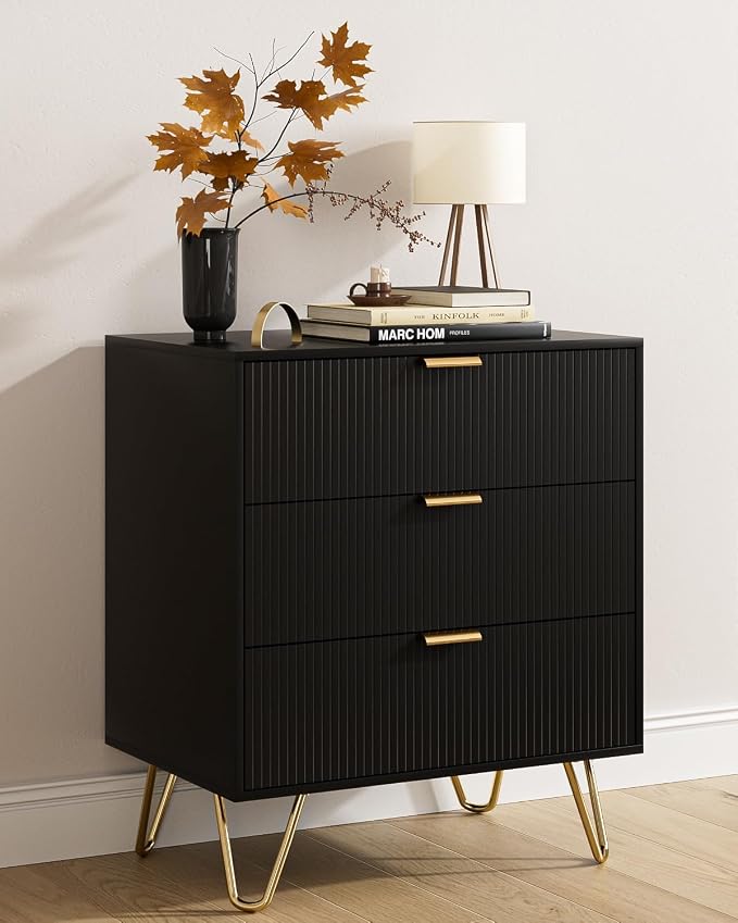 Fluted 3 Drawer Dresser for Bedroom, Modern Storage Bedroom Dresser Chest Cabinet Organizer with Anti-Tip Hardware for Living Room, Dressing Room, Kids Room, Office (Black)