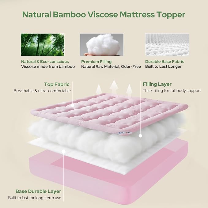 BEDLORE King Mattress Topper Viscose Derived from Bamboo, Thick Pillow Top Mattress Pad with Stretchable Pockets for 6"-18" Mattress, Soft Breathable Mattress Topper for Back Pain Relief(Pink)