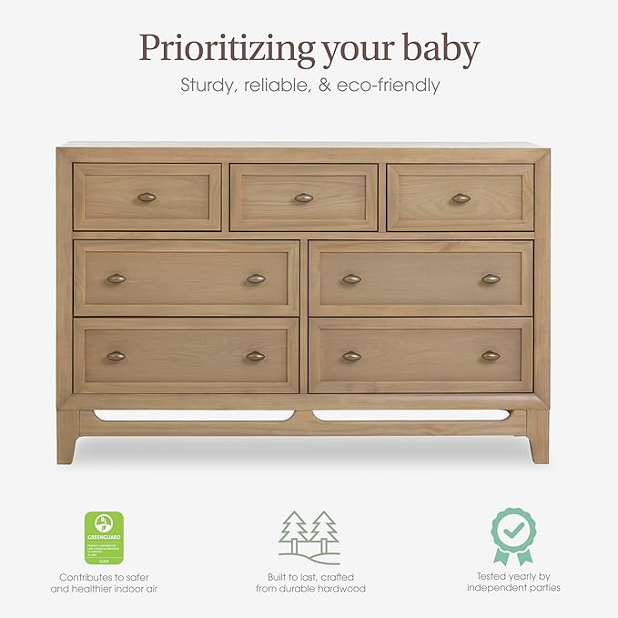 Evolur Bradford 7-Drawer Double Dresser – Nursery & Kids Bedroom Storage Organizer, Pine Wood Baby Changing Dresser, Smooth Glide Drawers - Alpine Oak
