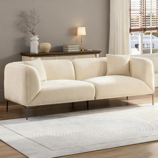 82.68" Modern Luxury Fabric Sofa Couch with Metal Legs, Upholstered 3-Seater Sofa for Living Room, Easy Assembly Contemporary Linen Couch, Stylish Comfort Seating for Apartment & Home(White)