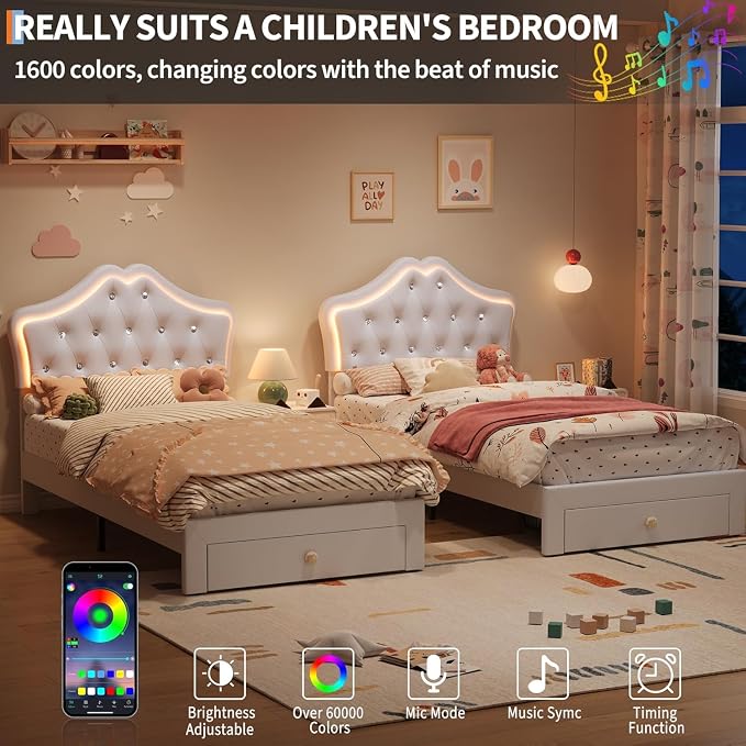 Garvee Twin XL Size Bed Frame with LED Lights & Velvet Crystal Button Headboard, Upholstered Boy/Girl Platform Bed with Storage Drawer, Noise Free, No Box Spring Needed for Kids, Teens, Beige