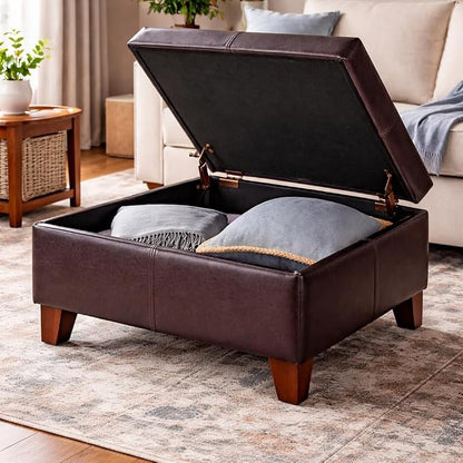 HomePop 28" Faux Leather Square Storage Ottoman - Distressed Brown